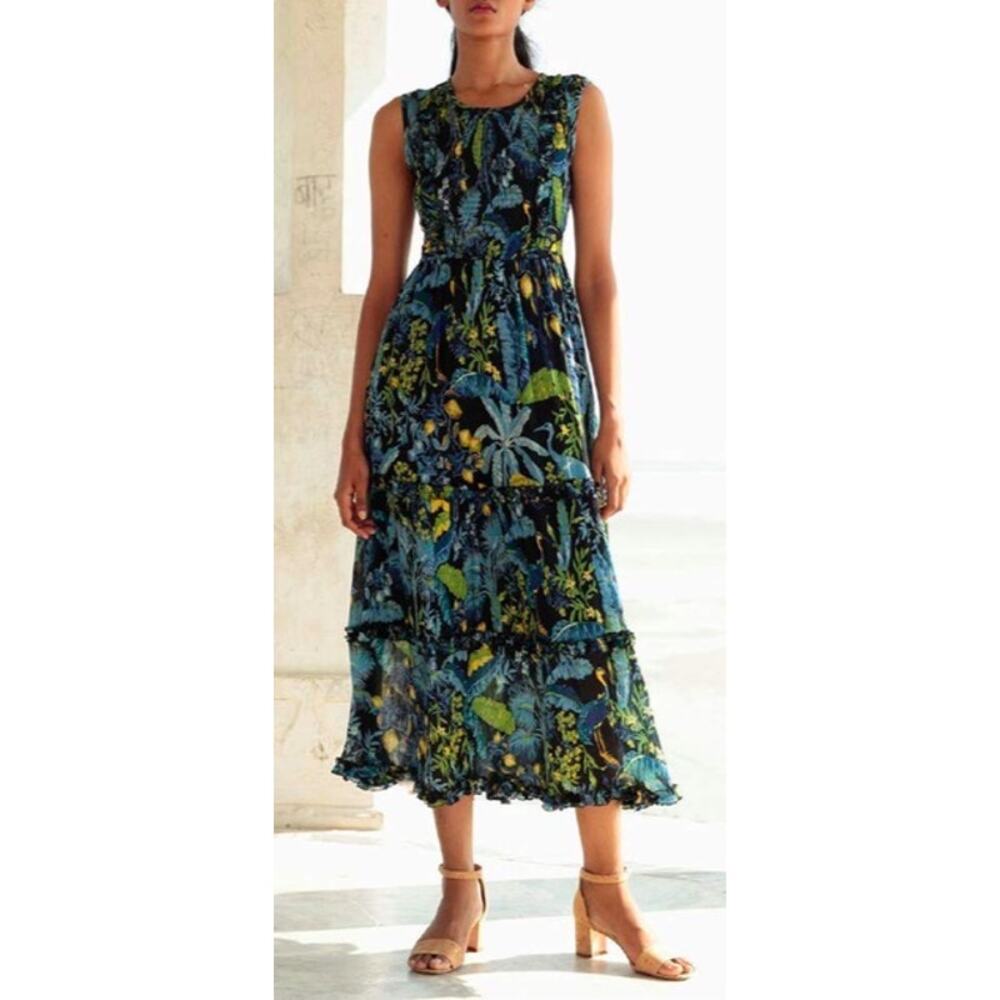 Banjanan Smocked High Neck Maxi Dress in Black/Blue Tropical Design Size Small